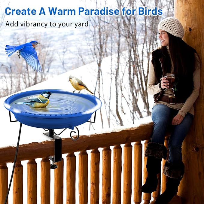 Lovppy Heated Bird Baths for Outdoors for Winter, 100W Heated Bird Bath Water Heater with Thermostatically Controlled, Heated Bird Bath for Deck Railing Outside Garden Patio Yard (Blue)