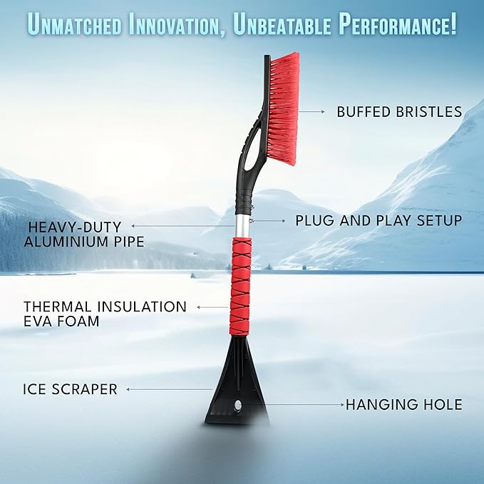EcoNour 27" Aluminum Snow Brush with Ice Scrapers for Car Windshield and Window | Car Snow Scraper and Brush with Ergonomic Foam Grip Winter Accessories (Orange, Red, Green) (3 Pack)