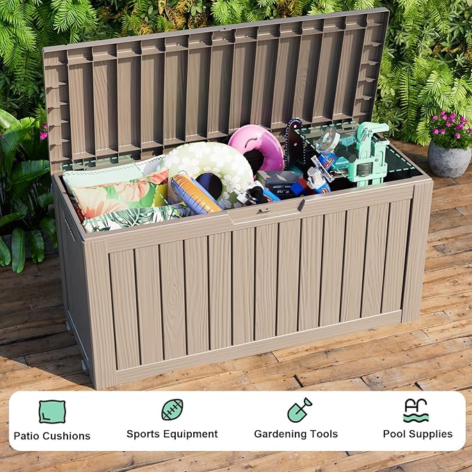 Vixzen 85 Gallon Resin Deck Box, Lockable Outdoor Storage Box for Patio Cushions Storage Furniture,Garden Tools, Pool Supplies, Weatherproof and UV Resistant-Grey