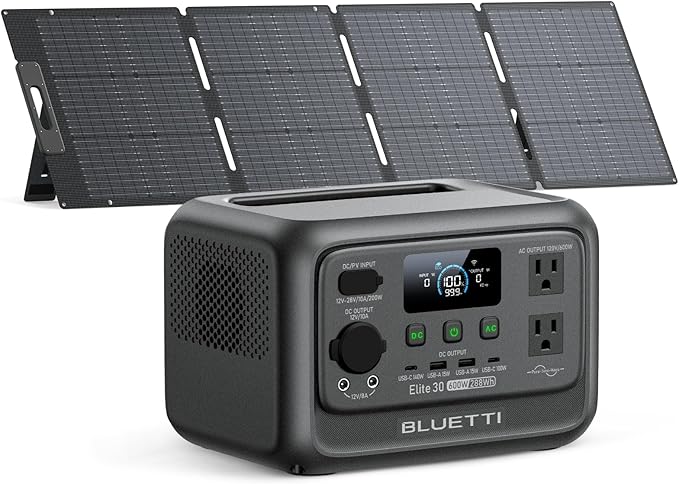 BLUETTI Solar Generator Elite 30 V2 with 200W Solar Panel (Ships Separately), 288Wh LiFePO4 Portable Power Station, 600W AC Outlets (1500W Power Lifting), for Camping, Home Use, Emergency
