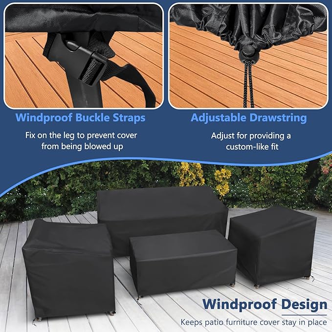 STARTWO Patio Furniture Covers, 4 Piece Heavy Duty Waterproof Outdoor Furniture Cover Set for Rattan Wicker Couch Chairs,Windproof Buckle Strap,Black