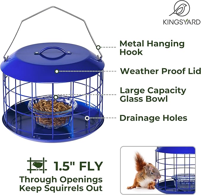 Kingsyard Bluebird Feeders for Outdoors Hanging, All Metal, Cage Mealworm Bird Feeder with Tray, Squirrel Proof & Weatherproof, Easy to Refill & Clean (Blue)