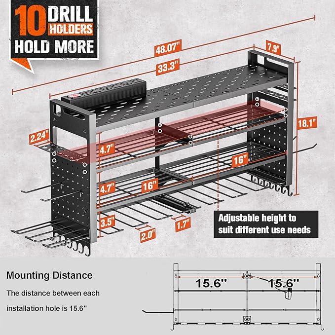 Heavy Duty Power Tool Organizer Wall Mount with Charging Station, Large Garage Organization with 10 cordless Drill Holder, 4 Layers Tool Organizers and Storage, Tool Rack with 6 Power Strip, Black