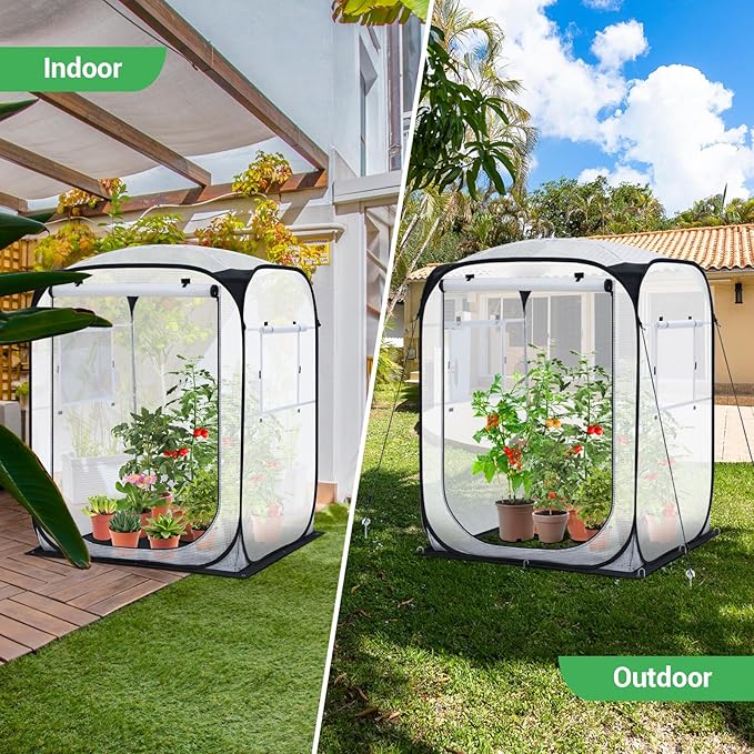 Ohuhu Pop Up House - Fast Set-up Small Greenhouse Walk in Portable Greenhouses Indoor Outdoor with Removable PE Mat & Mesh Window for Protecting Plant from Cold Frost & Birds 48 x 48 x 63.7''