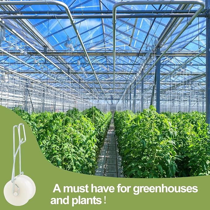 20PCS Tomato Roller Hooks with 49.21FT String and 200PCS Tomato Support Clips for Tomato,Plant, Greenhouse,Flower Vine Twine Crop Greenhouse Trellising Kit