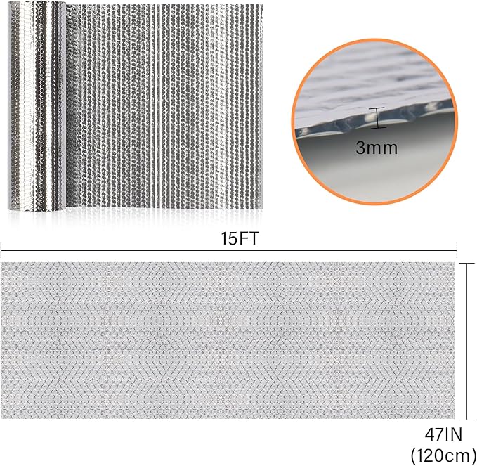 Double Reflective Insulation Roll, 47''X15' Double-Sided Aluminum Bubble Roll, Rv Window and Window Insulation for Winter and Summer, Garage Door, Roof, Car