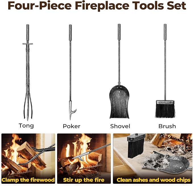 AMAGABELI GARDEN & HOME Firewood Rack Indoor with Tools 5-Piece Fireplace Tools Set Wood Holder Outdoor Wrought Iron Heavy Duty Firewood Storage Rack for Fireplace,Fire Pit,Wood Stove Antique Silver