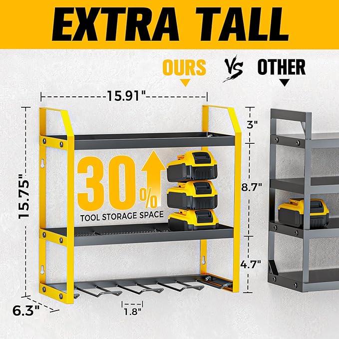 Power Tool Organizer Wall Mount with Extra Drill Holder, Yellow & Black Garage Storage Combo with Battery Storage, 4 Drill Slots Total, Heavy Duty Steel Tool Rack for Workshop Garage