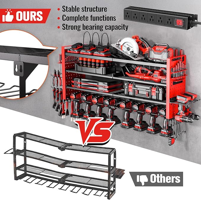 Heavy Duty Power Tool Organizer Wall Mount with Charging Station, Large Garage Organization with 10 cordless Drill Holder, 4 Layers Tool Organizers and Storage, Tool Rack with 6 Power Strip, Red