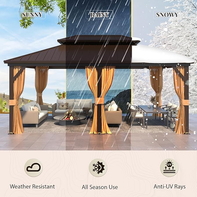 YOLENY 12' x 18' Hardtop Gazebo, Metal Gazebo with Aluminum Frame, Double Galvanized Steel Roof, Curtains and Netting Included, Metal Gazebos Pergolas for Patios, Garden, Parties, Lawns
