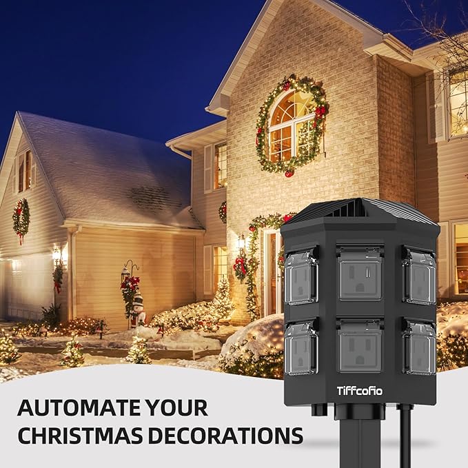 TiFFCOFiO Outdoor Power Strip Timer, Dusk to Dawn Light Sensor Countdown, 6 Feet Extension Cord Waterproof, 6 Grounded Outlets for Halloween and Christmas Decorations, ETL Listed (6 FT)