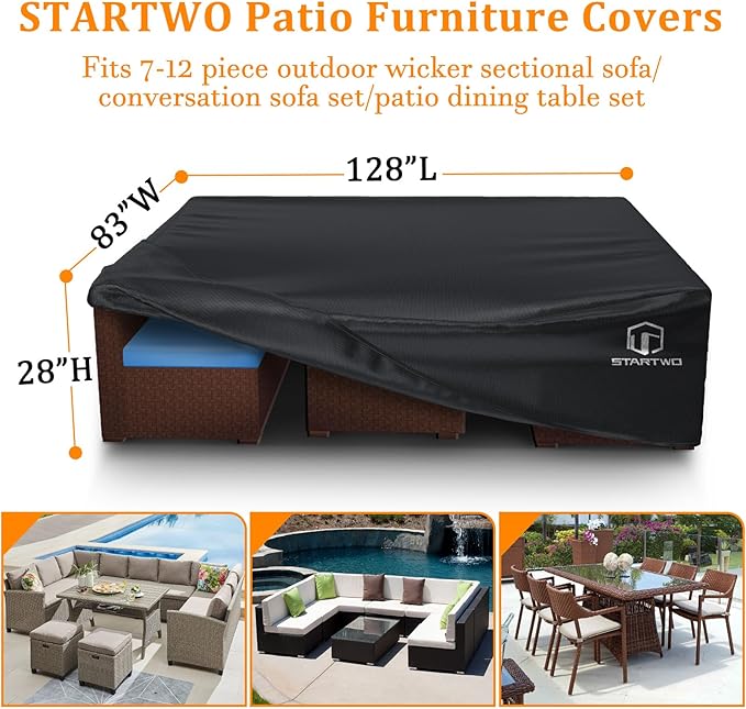 STARTWO Patio Furniture Covers Waterproof,Heavy Duty 7-12 Seats Outdoor Furniture Cover for Sectional Sofa, Table Chairs, Anti-UV Tear-Resistant 128"Lx83"Wx28"H, Black