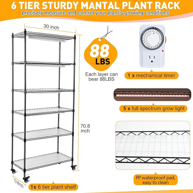 Meonum Plant Shelf with Grow Lights, 5.9FT 6 Tier DIY Metal Grow Rack, Indoor Greenhouse with 90W LED Full Spectrum Growing Lamps, Mechanical Timer, PP Waterproof Pads for Indoor Seed Starting