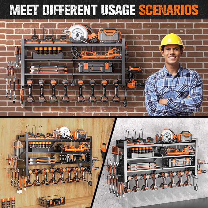 Heavy Duty Power Tool Organizer Wall Mount with Charging Station, Large Garage Organization with 10 cordless Drill Holder, 4 Layers Tool Organizers and Storage, Tool Rack with 6 Power Strip, Black