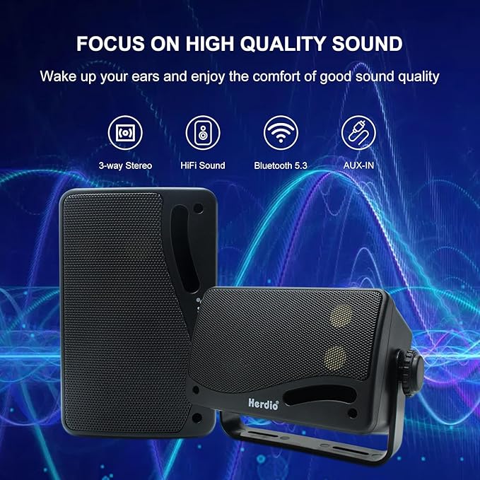 Herdio 3.5" Outdoor Bluetooth Speakers Wired Waterproof, 200W 3 Way Upgrade Premium Wall Mount Speakers, Durable Mountable Loud Sound System for Patio Indoor Deck Garage (Black Pair)