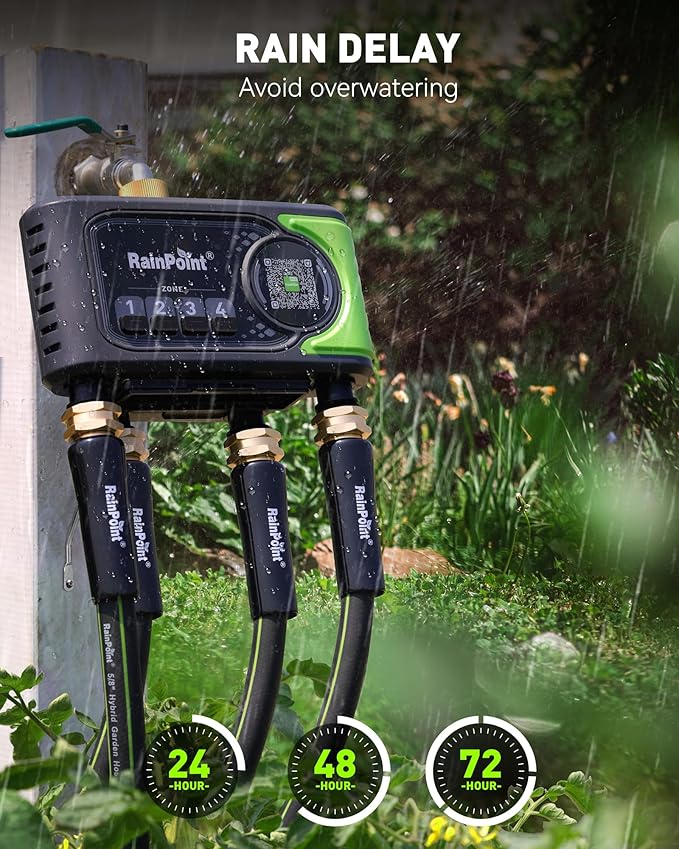 RAINPOINT WiFi Sprinkler Timer 4 Zone, Outdoor Smart Water Timer for Garden Hose with Brass Inlet, Custom Programs via APP/Voice Control for Automatic Watering System