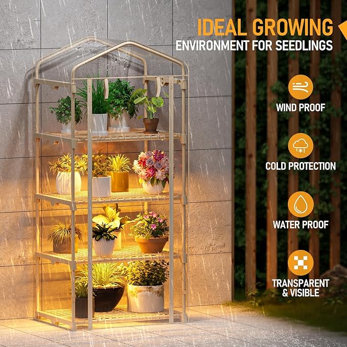 Indoor Greenhouse with Grow Lights - 4 Tiers 27.6"L×19.3"W×61.4"H Outdoor Mini Green House with Zip PVC Cover and Dimmable 45W Full Spectrum Plant Light with Timer for Seed Starting Trays