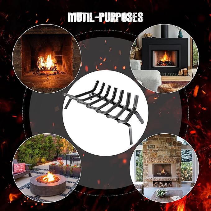 Fireplace Log Grate 24 Inch Cast Iron Fire Place Grates Heavy Duty Solid Steel 3/4” 7 bars Firewood Stove Indoor Chimney Hearth Outdoor Fire Pit Log Burning Rack