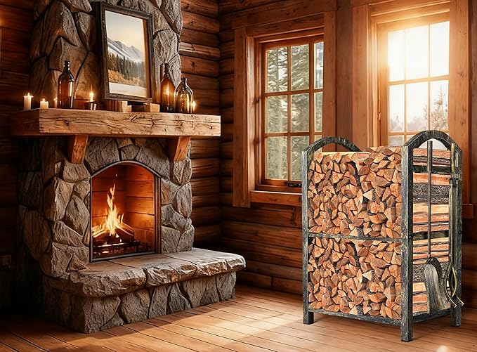 AMAGABELI GARDEN & HOME Firewood Rack Indoor with Tools 5-Piece Fireplace Tools Set Wood Holder Outdoor Wrought Iron Heavy Duty Firewood Storage Rack for Fireplace,Fire Pit,Wood Stove Bronze