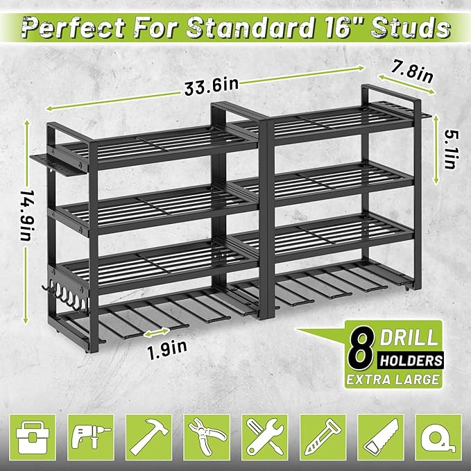 Power Tool Organizer Wall Mount,4 Layers Capacity Heavy Duty Metal Storage Rack with 8 Drill Holders for Drills Cordless Tools,Garage Organizer Suitable Workshop Basement