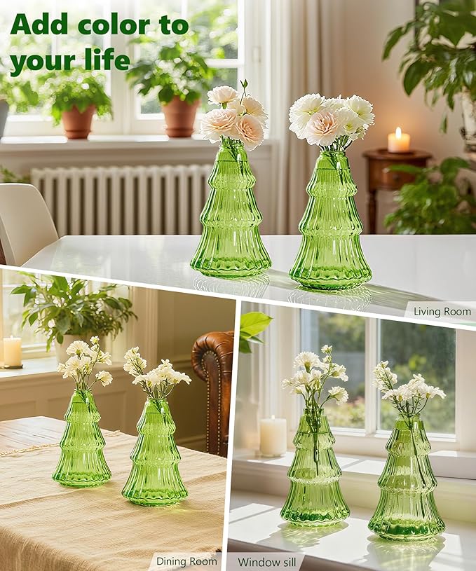 Nacome 2Pcs Tree-Shaped Glass Plant Terrarium,Planter Propagation Station Christmas Tree Decorations for Hydroponics Home Office, Unique Gifts for Plant Lovers Women Mom(Green)