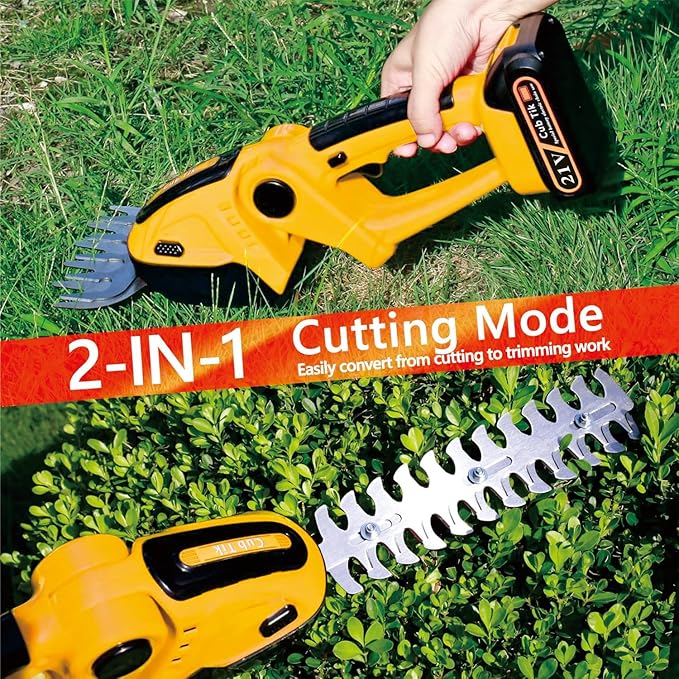 Hedge Trimmer Cordless with Battery and Charger 21V Electric Brush Grass Shrub Trimmer 2 in 1 Handheld Mini Grass Shears Grass Cutter Battery Powered Hedge Trimmer Yellow