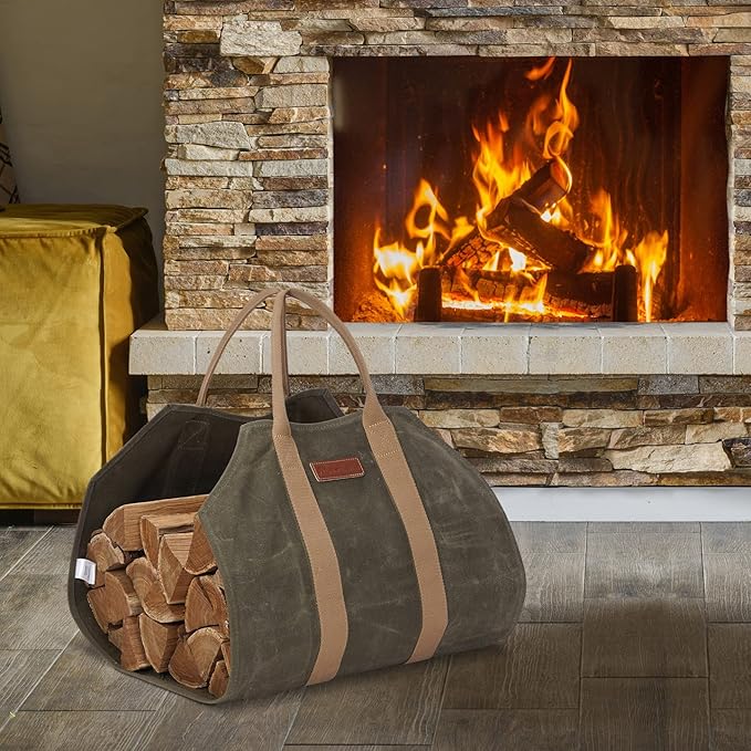 Sturdy Waxed Canvas Firewood Log Carrier, Durable Firepalce Wood Bag with Reinforce Duty Straps Green