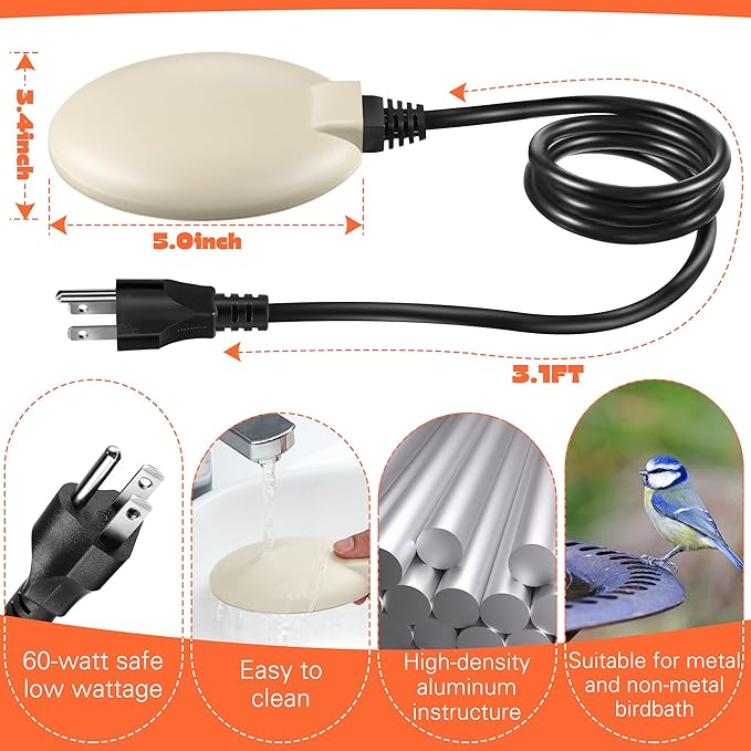 1 Pack Upgrade Bird Bath Heater for Outdoors in Winter, Pond Deicer 60 Watts Birdbath Deicer Water Heater Thermostatically Controlled with Auto Shut off Function for Patio Lawn (White)