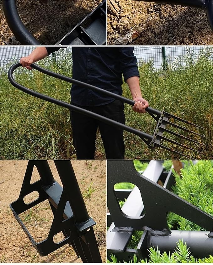 5 Tines Heavy Duty Pitch Fork for Gardening Spading Digging Fork Garden Forged Steel 46“ Long Handled Garden Tool Claw Weeder