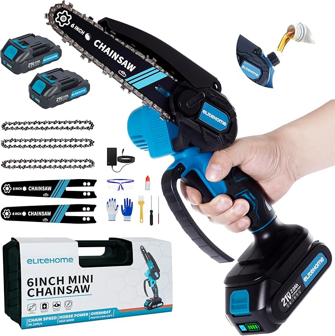 EliteHome Mini Chainsaw Cordless 6 Inch Small Hand Held Chain Saw Battery Powered & Auto Oiler Portable Electric Chainsaws for Tree Trimming wood cutting 2 Batteries 3 Chains 2025