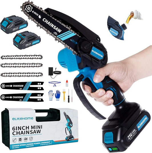 EliteHome Mini Chainsaw Cordless 6 Inch Small Hand Held Chain Saw Battery Powered & Auto Oiler Portable Electric Chainsaws for Tree Trimming wood cutting 2 Batteries 3 Chains 2025