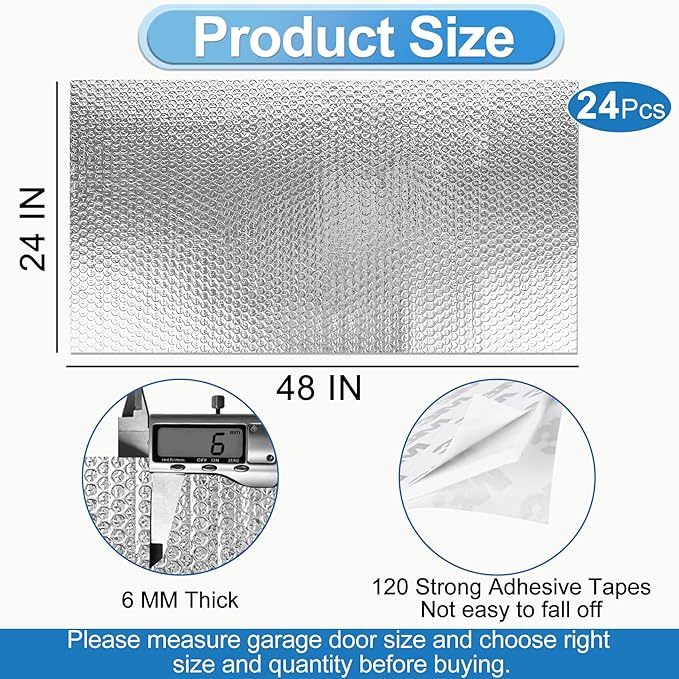 Garage Door Insulation Kit 24P Double Bubble Window Heat Insulation Panels, 6MM 24" x 48" Reflective Aluminum Foil Summer Barrier Insulation Sheets with 240 Adhesive Tapes for Garage Greenhouse Attic