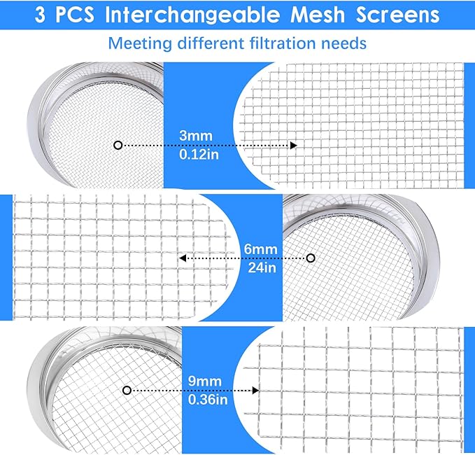 Soil Sieve Sifter Set, Stainless Steel, 3 Interchangeable Mesh Screens (3,6,9mm), Garden Sieve Set, Sifting Screen for Dirt, Sand, Rock, Compost, with Soil Scoops Gardening Tool