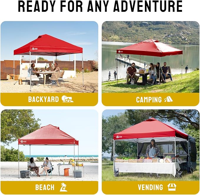 CROWN SHADES 10x10 Pop Up Canopy - Beach Tent with One Push Setup - Easy Outdoor Sun Shade for Events, Parties, Camping - Gazebo with STO-N-Go Cover Bag, Silver Coated Top, Red