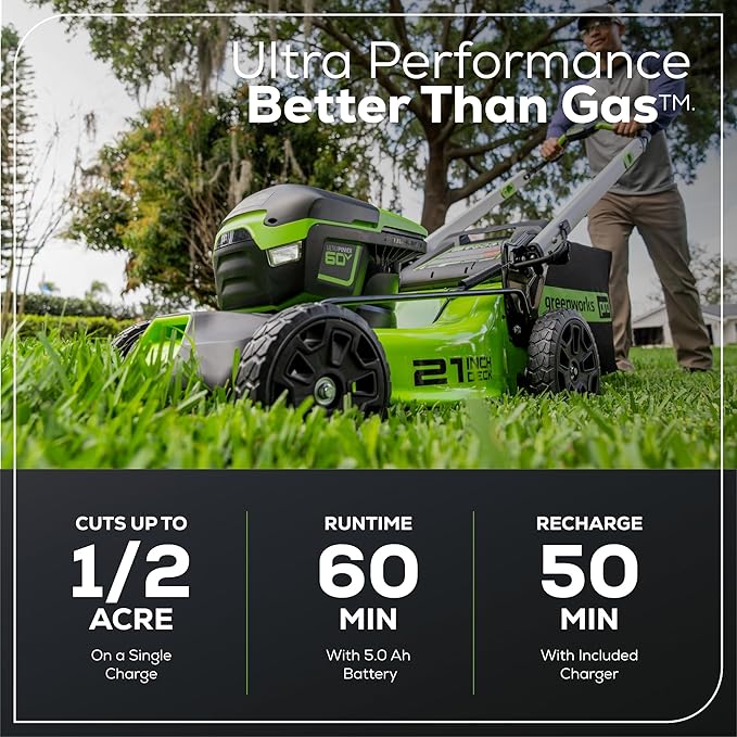 Greenworks 60V 21” Cordless (Push) Lawn Mower (LED Lights + Aluminum Handles), 5.0Ah Battery and Rapid Charger