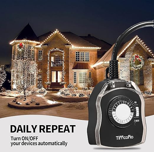 TiFFCOFiO Outdoor Timer Outlet, 24 Hour Mechanical Outdoor Timer for Pool Pump, Outdoor Light Timer Waterproof, 2 Grounded Outlets for Home and Garden, 15A 1/2HP, Heavy Duty, CSA Listed (1 Pack)