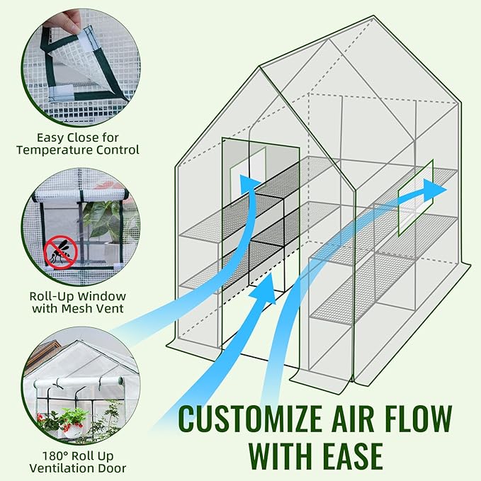 Greengro Greenhouse, 57 x 57 x 76'' Greenhouses for Outdoors, Portable Greenhouse Kit with Mesh Side Windows, PE Cover, 8 Shelves, Heavy Duty Walk in Green House for Backyard Garden Indoor Outside