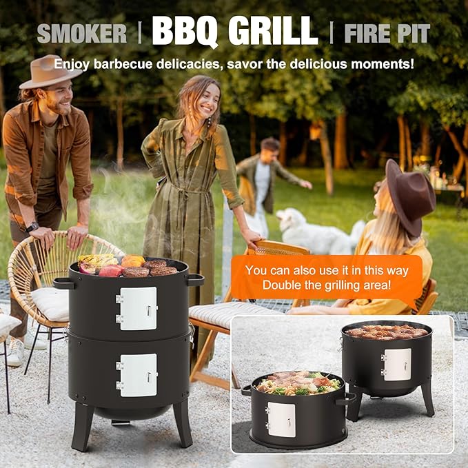 16" Charcoal Smoker, 3 in 1 Heavy Duty Vertical Barbecue Grill, Outdoor Fire Pit 402 Square Inches Cooking Area, Versatile Outdoor Smoker Grill, Black