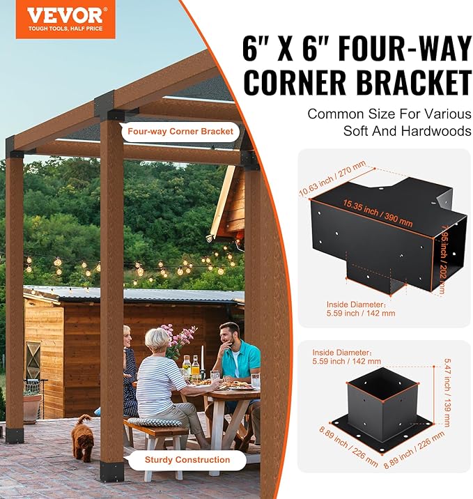 VEVOR Pergola Bracket Kit, 6x6 Inch (Inner Size 5.5x5.5), 2 Pcs 4-Way Heavy Duty Corner Bracket Woodworks DIY Post Base Kit, Easy Installation Wooden Beams for Gazebos, Patio Pergolas, Log Cabin