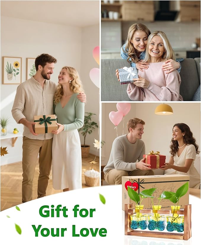 Nacome Plant Terrarium with Wooden Stand,Butterfly-Shaped Glass Vase Planter Propagation Station for Home Office Decor,Unique Gifts for Plant Lovers Women Mom(Yellow)