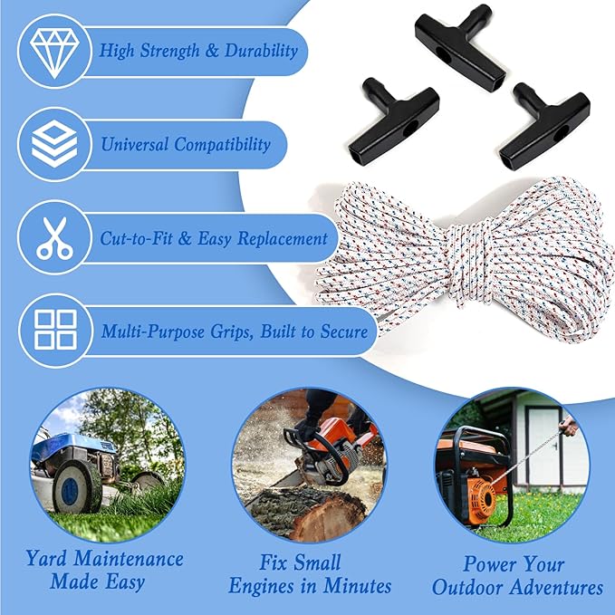 Heavy-Duty Pull Cord Rope Kit, 3Pack 10Ft 4.0MM Starter Rope with 3 Universal Handles for Lawn Mower Parts, Generator, Chainsaw, & Small Engines (for Briggs/Stratton/STIHL)