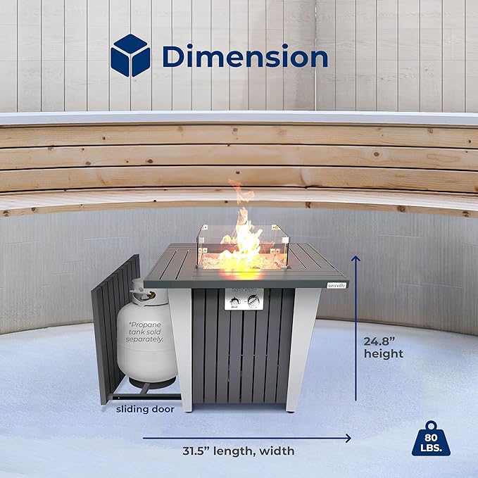 SereneLife Propane Fire Pit Table 50,000 BTU with Sturdy Metal Frame, Stainless Steel Fire Pan, Decorative Glass Rocks, Weather Cover, CSA Certified for Patio, Backyard, or Garden Use