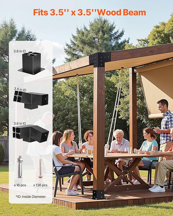 VEVOR Pergola Kit, 4x4 Inch 3-Way Slanted Bracket for 3.5x3.5 Inch Wood Beams in Actual Size, Carbon Steel Pergola Bracket with Screws and Post Bases, for Outdoor Wood Pergolas, Gazebos, Sheds, 8 Pcs