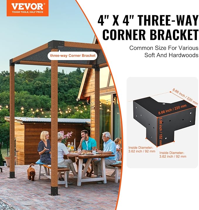 VEVOR Pergola Bracket Kit 4''x4''(Inner Size 3.6x3.6), 4pcs 3-Way Heavy Duty Corner Bracket Woodworks DIY Post Base Kit, Easy Installation Wooden Beams for Gazebos, Patio Pergolas, Log Cabin Outdoor