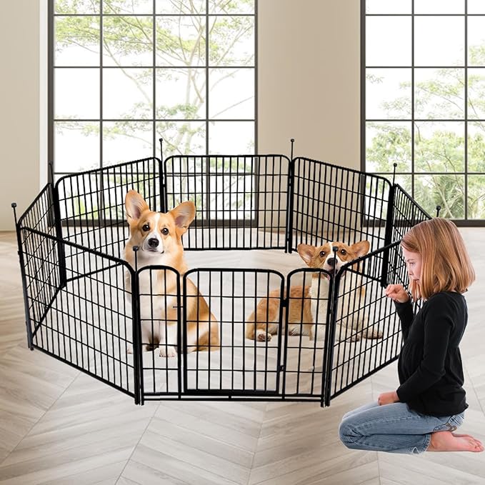 Garden Fence with Gate 32 in(H)×27 in(L) 4 Panels,Fence Blocker for Dogs, Heavy Duty Iron Animal Barrier Fence,Suitable for Indoor Pet Or Outdoor Dog Fencing, Total 8.9 Ft(L), Black