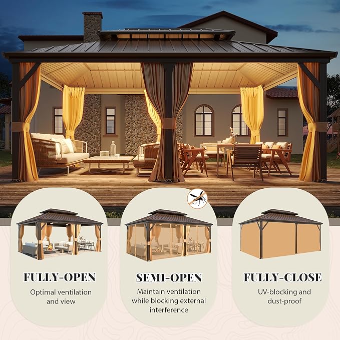 YOLENY 12' x 18' Hardtop Gazebo, Metal Gazebo with Aluminum Frame, Double Galvanized Steel Roof, Curtains and Netting Included, Metal Gazebos Pergolas for Patios, Garden, Parties, Lawns