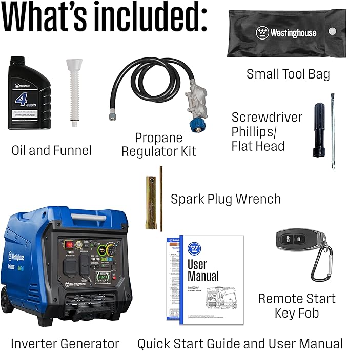Westinghouse 5000 Peak Watt Super Quiet Dual Fuel Portable Inverter Generator, Remote Electric Start, Gas & Propane Powered, RV Ready 30A Outlet, Parallel Capable, Blue/Black