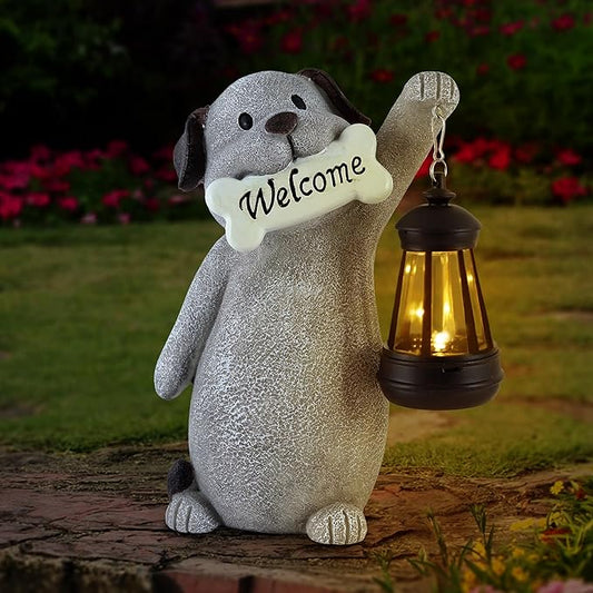 Solar Dog Statues for Garden Decor - Outdoor Dog 9.2in Figurines with Solar Lantern for Yard Patio Lawn Balcony Ornaments - Garden Gifts for Mothers Day, Grandma, Easter
