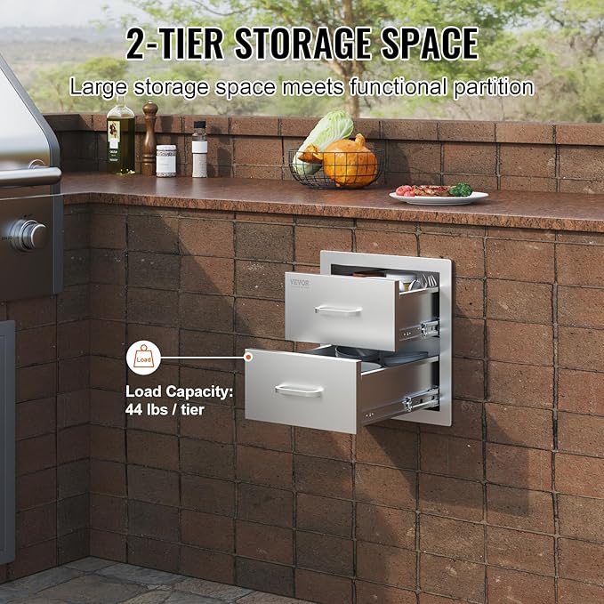 VEVOR Outdoor Kitchen Cabinets 14W x 14.3H x 23D Inch, BBQ Island Drawers Stainless Steel, Flush Mount Double with Handle, BBQ Island for Outdoor Kitchens or Grill Station
