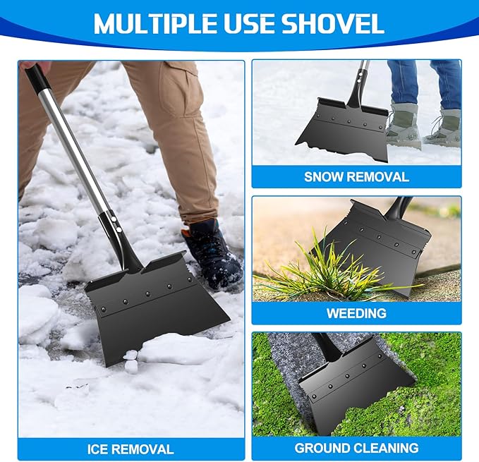Snow Shovel, EOMEOH Ice Scraper Heavy Duty, 11"Wider Garden Flat Floor Scraper with 53" Long Adjustable Handle, Multifunctional Gardening Spade Shovel, Cleaning Scraper for Driveway, Weed, Lawn Edging